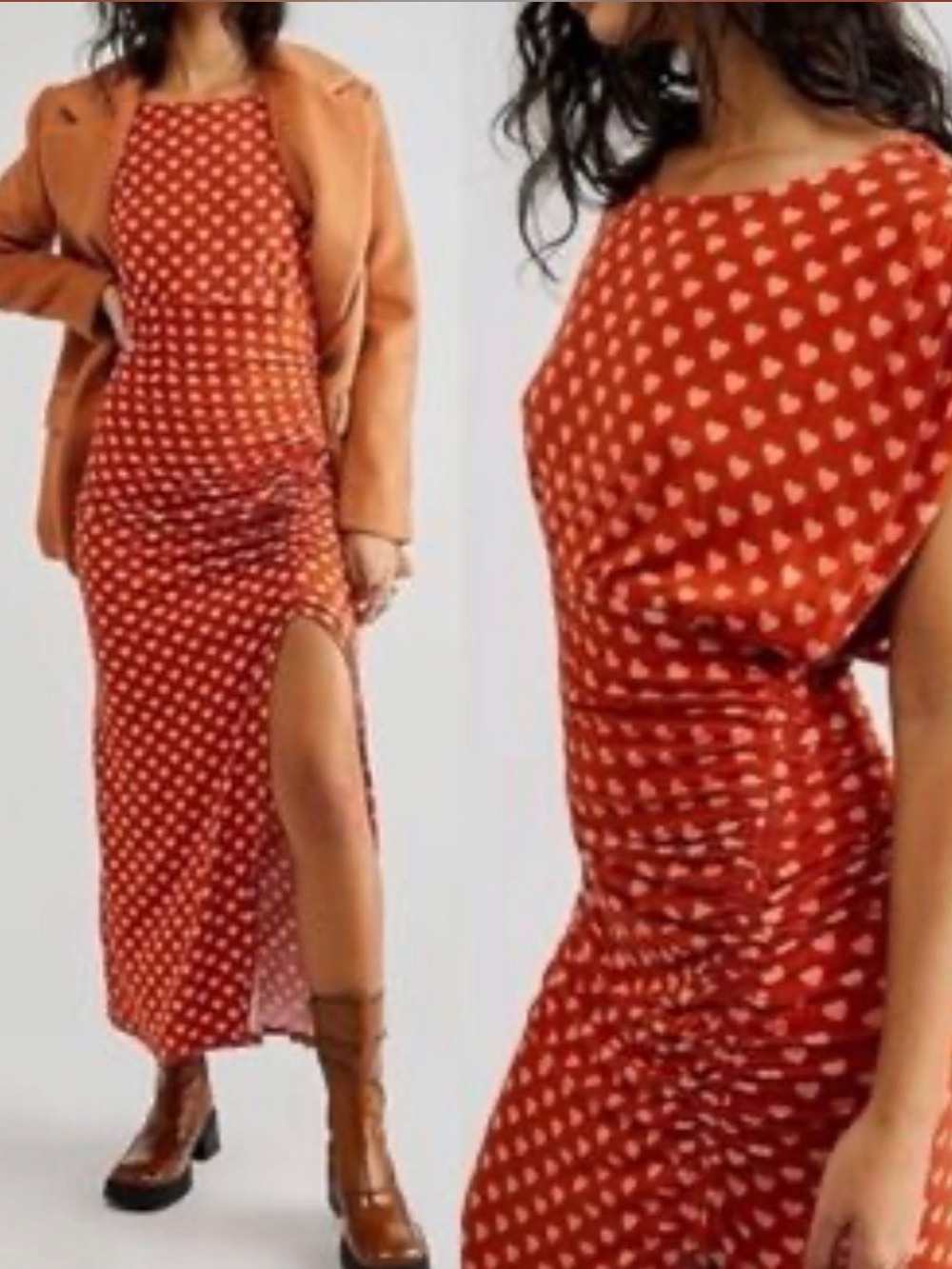 Free People Lakeside Ginger Heart Print Cut Out Back Ruched Midi Dress